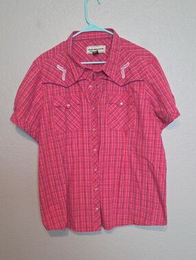 Bit & Bridle Pink Plaid Short-Sleeve Western Snap Blouse 2X